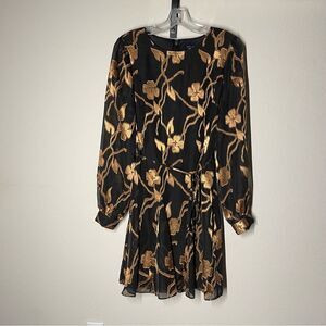 Tommy Hilfiger | Black Dress with Gold Floral Pattern Puff Sleeve Belted Tie 8